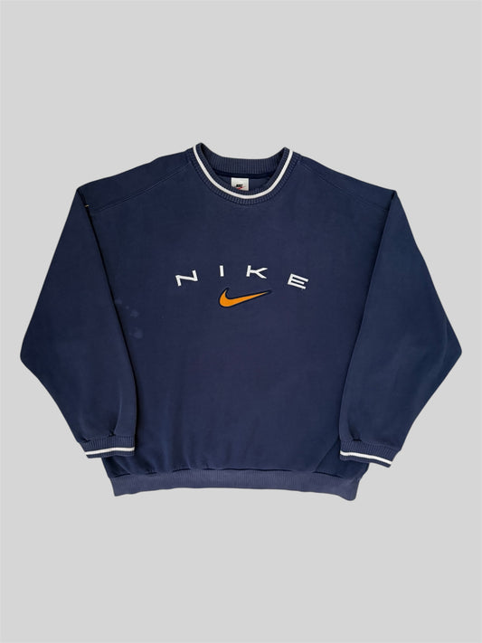 Vintage Nike 1990s Embroidered Spellout Pullover Sweatshirt Navy X-Large