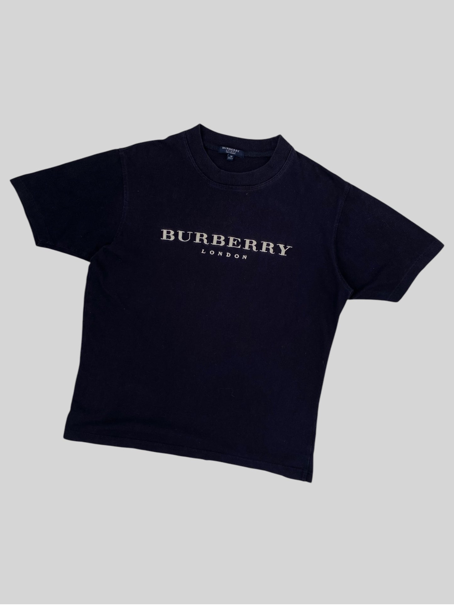 Vintage Burberry Embroidered Spellout T Shirt Faded Black Medium