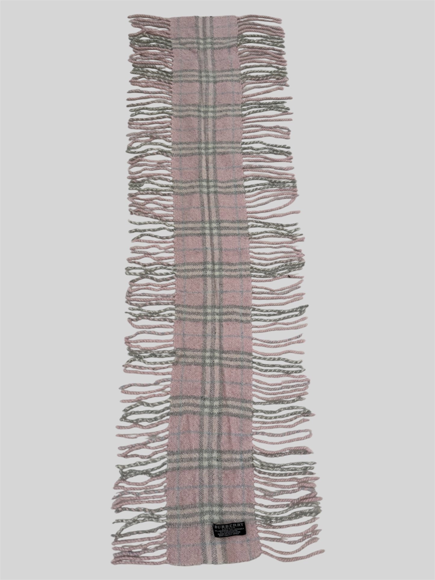 Vintage Burberry Nova Checkered 77% Mering 21% Angora Fringe Scarf Pink