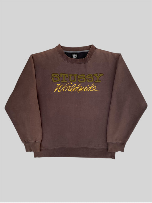 Vintage Stussy Worldwide Embroidered Pullover Sweatshirt Brown Medium