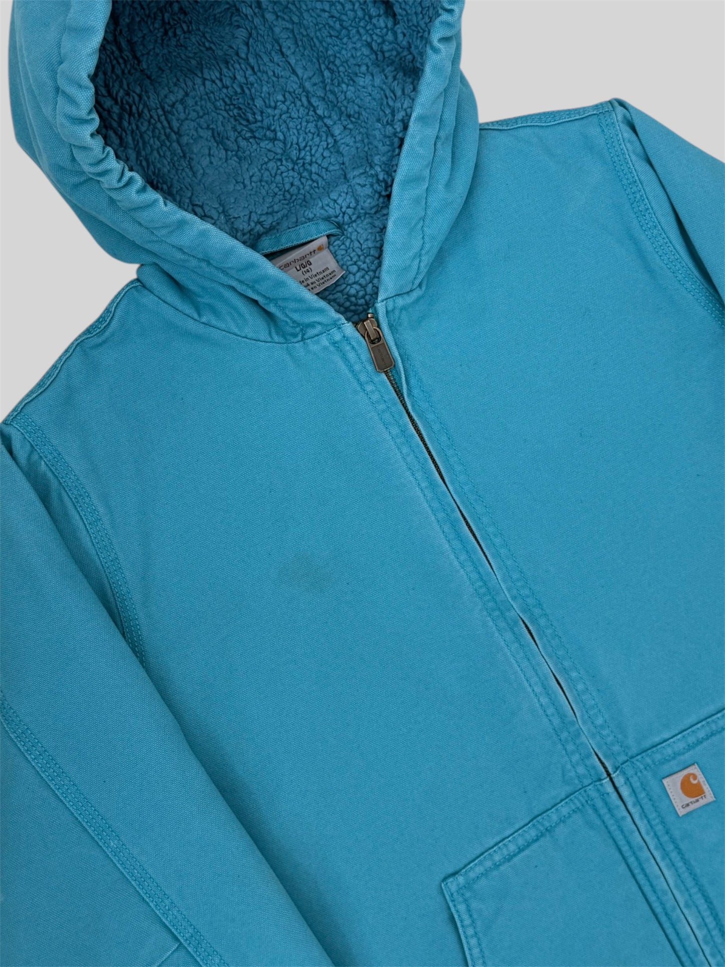 Vintage Carhartt 2000s Sherpa Lined Jacket RN 13706 Light Blue Large Age 14