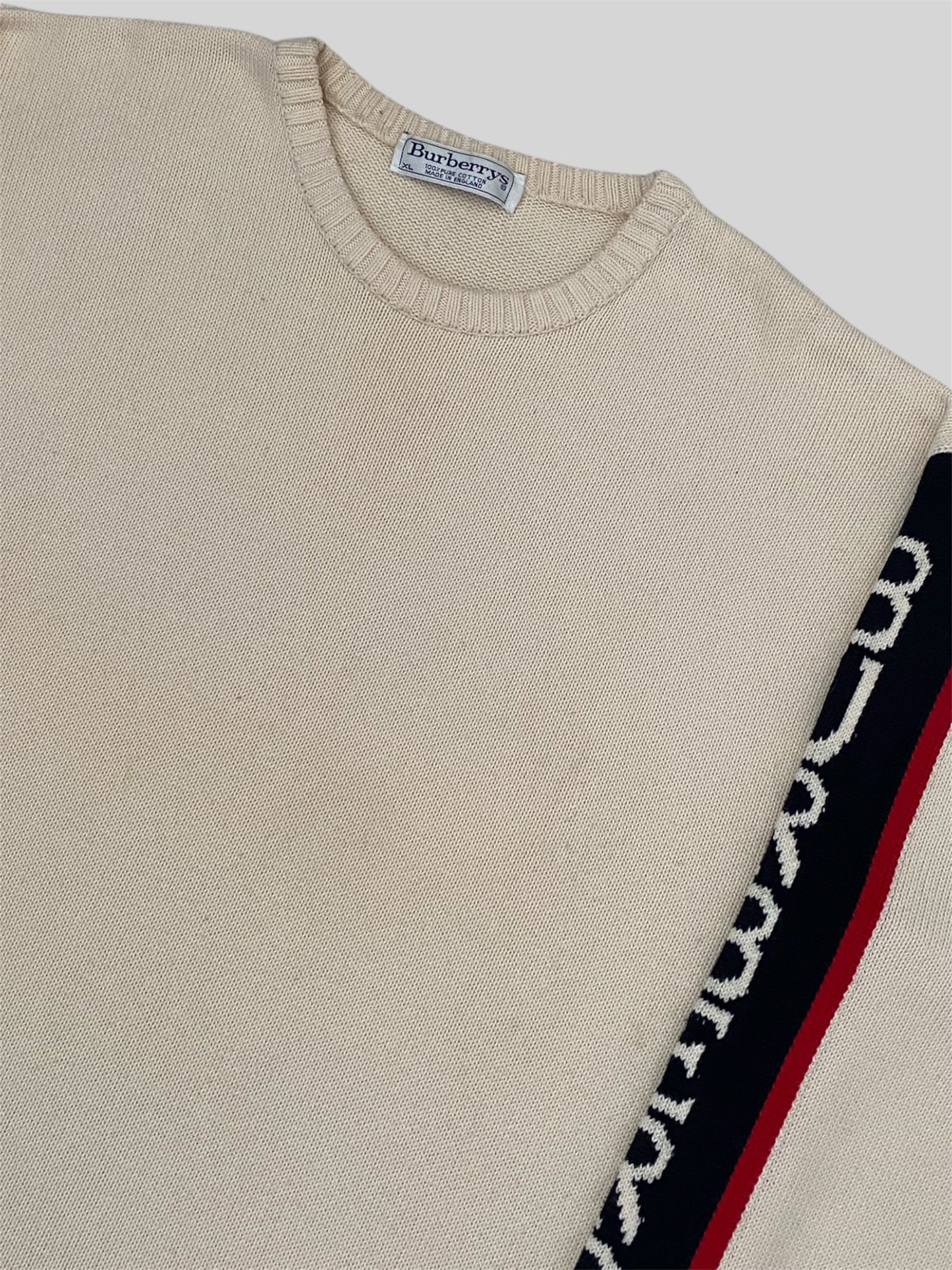 Vintage Burberry Spellout Pullover Knitted Sweatshirt Beige X-Large