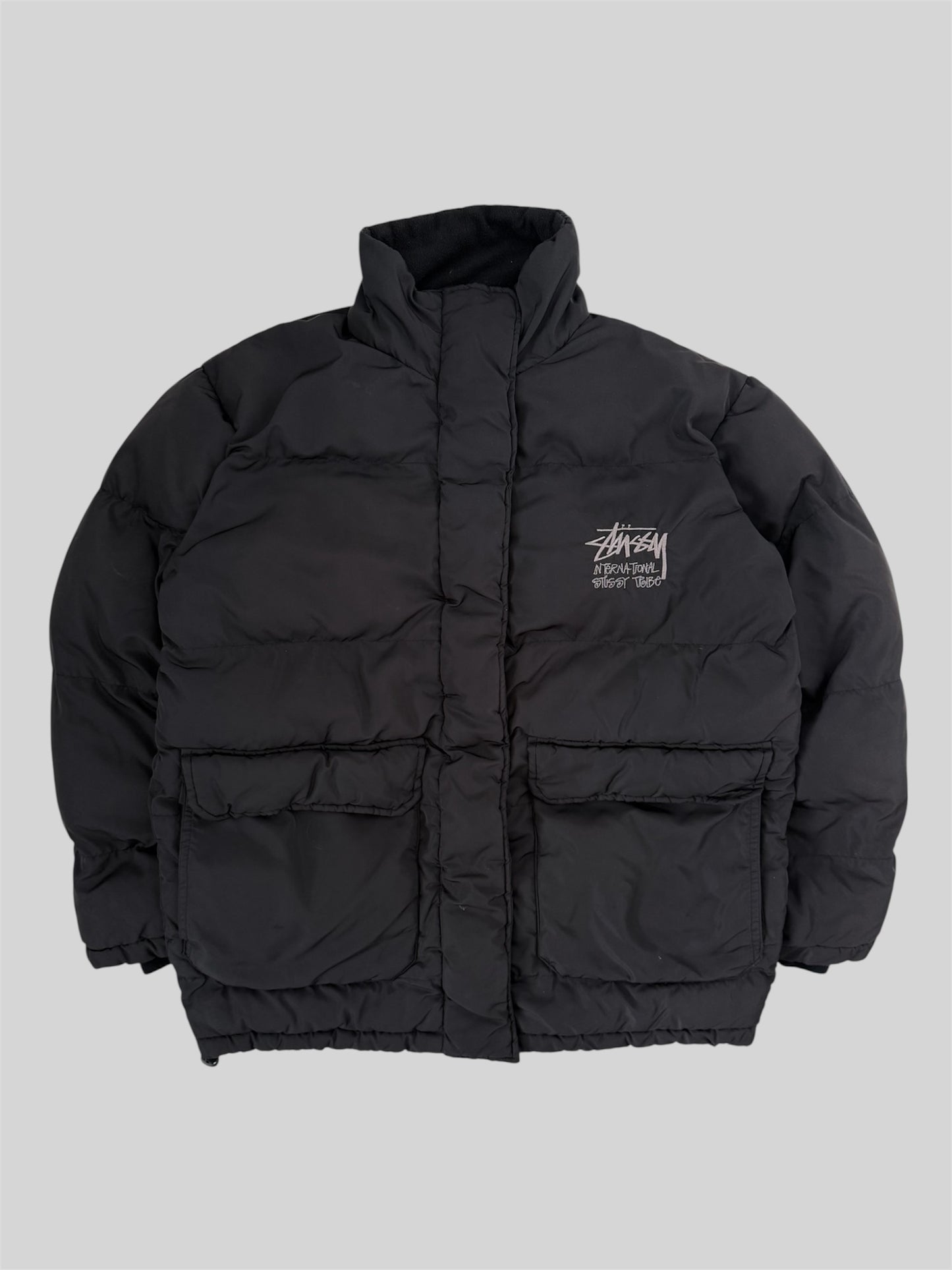 Vintage Stussy 2000s Embroidered Spellout Adjustable Puffer Jacket Black Medium