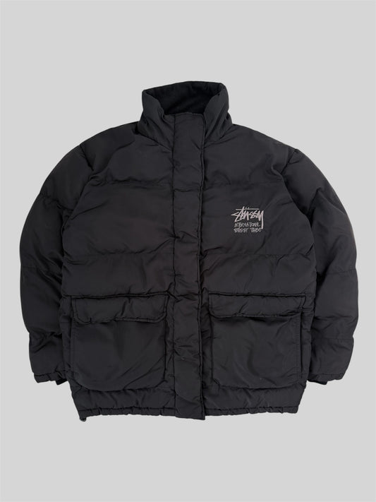 Vintage Stussy 2000s Embroidered Spellout Adjustable Puffer Jacket Black Medium