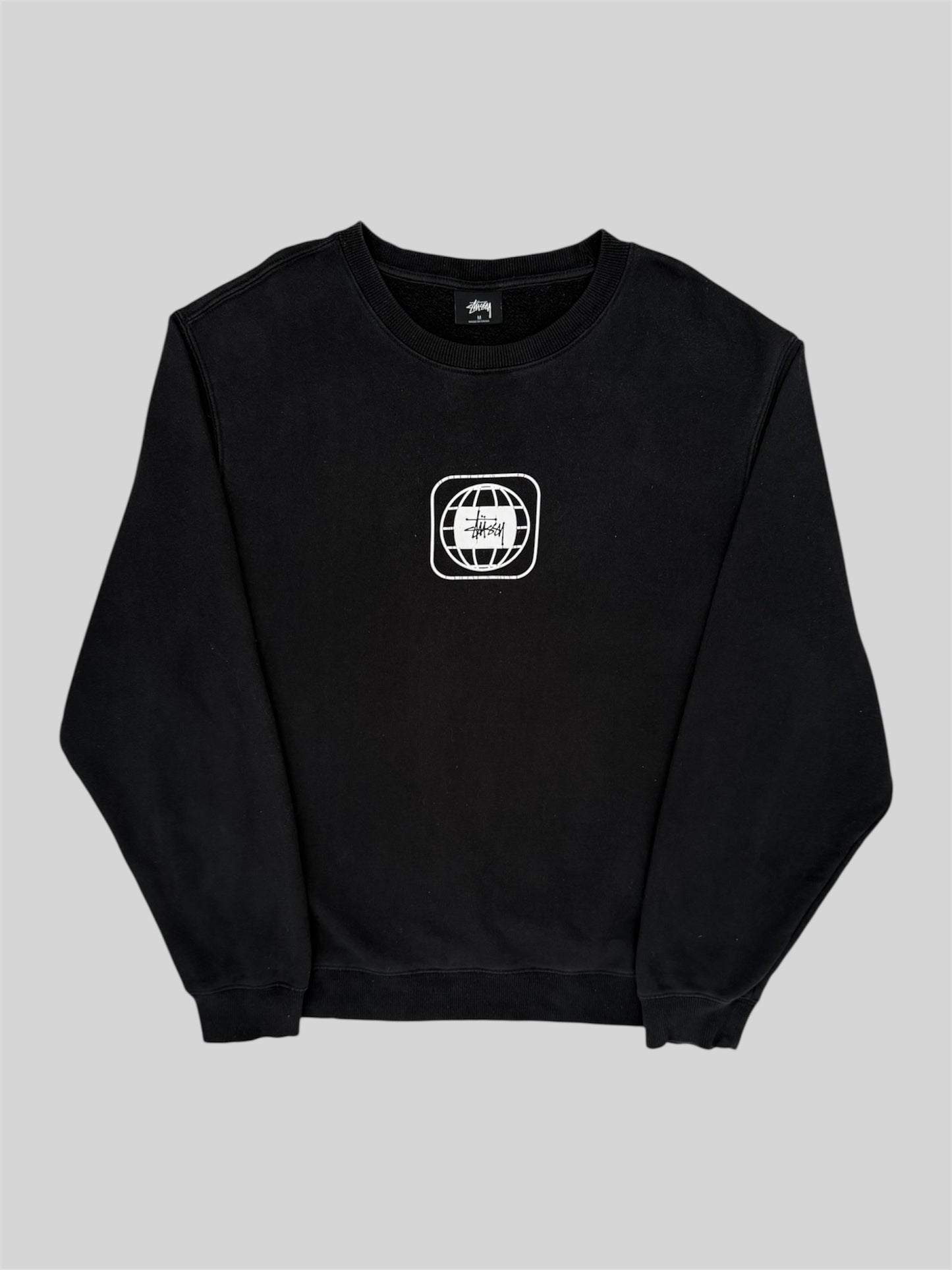 Modern Stussy Printed Spellout Globe Pullover Sweatshirt Black Medium