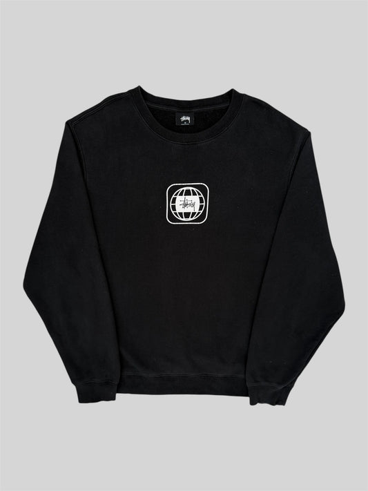Modern Stussy Printed Spellout Globe Pullover Sweatshirt Black Medium