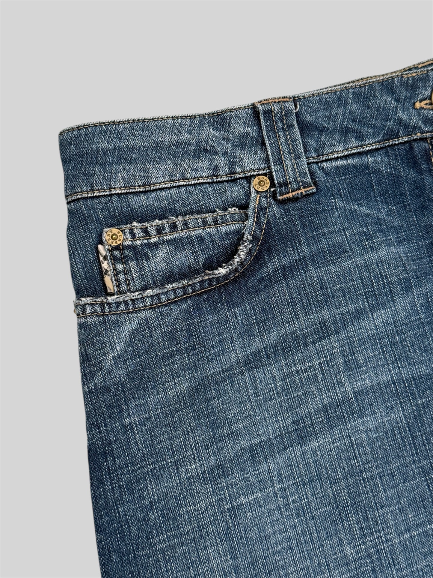 Rare Burberry 00s Embroidered Emblem Knee Length Denim Skirt Blue Size 14 Large