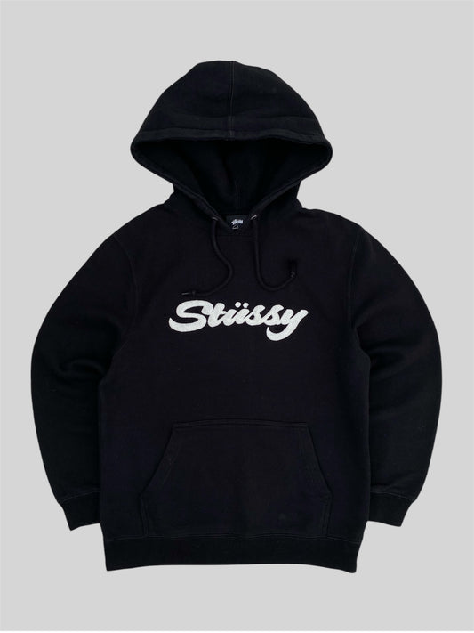 Vintage Stussy Embroidered Spellout Pullover Hoodie Black Small