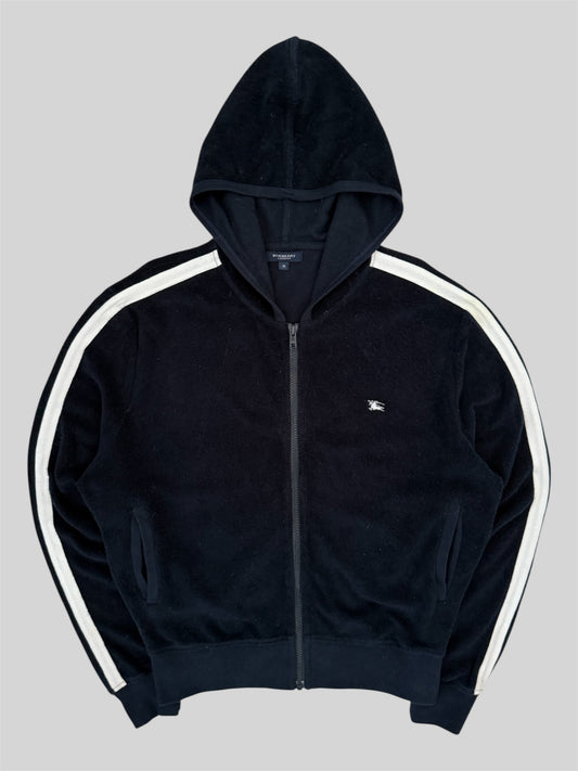 Vintage Burberry Women’s Embroidered Full Zip Thin Fleece Hoodie Navy Medium