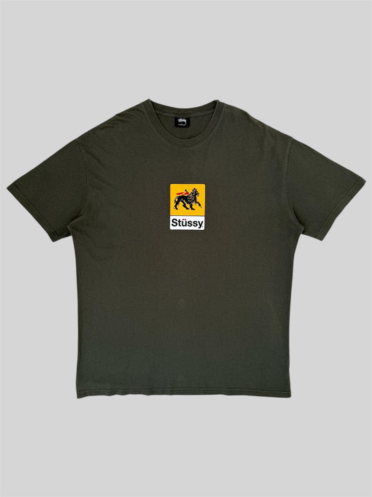 Modern Stussy Lion Graphic Print Spellout T Shirt Dark Green Large