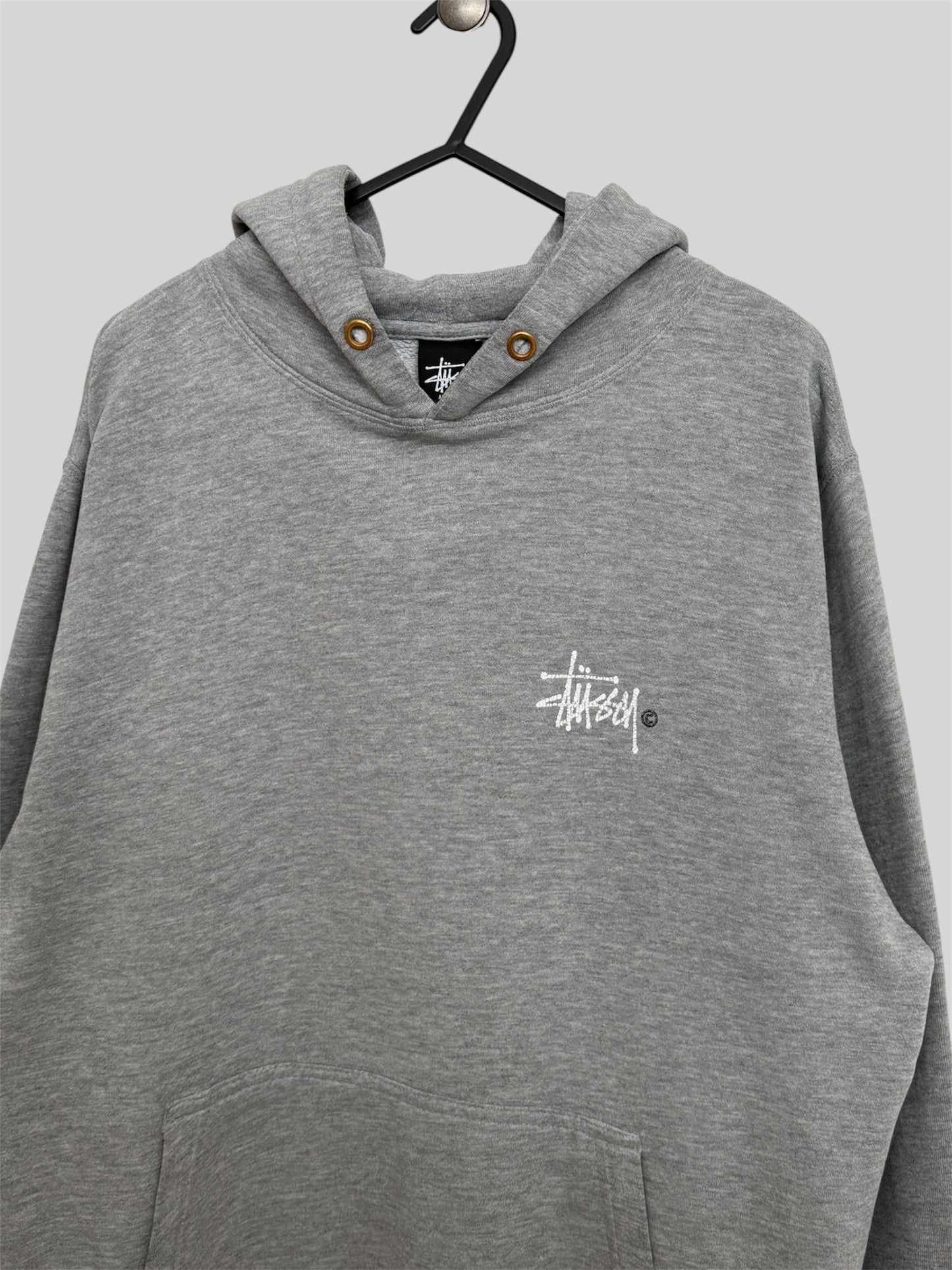 Authentic Stussy Printed Spellout Pullover Hoodie Light Grey Medium