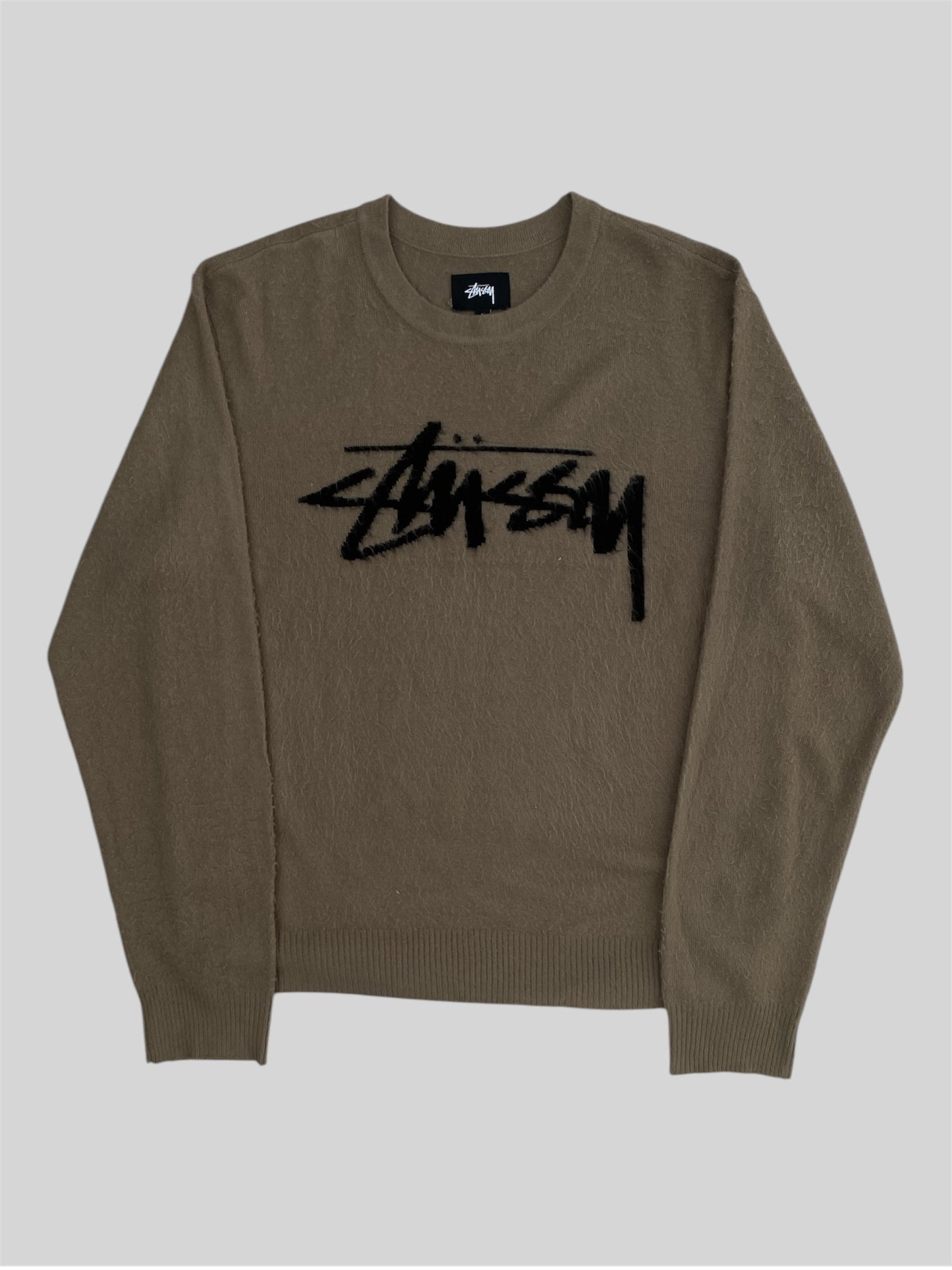 Vintage Stussy Spellout Pullover Knitted Sweatshirt Khaki Large