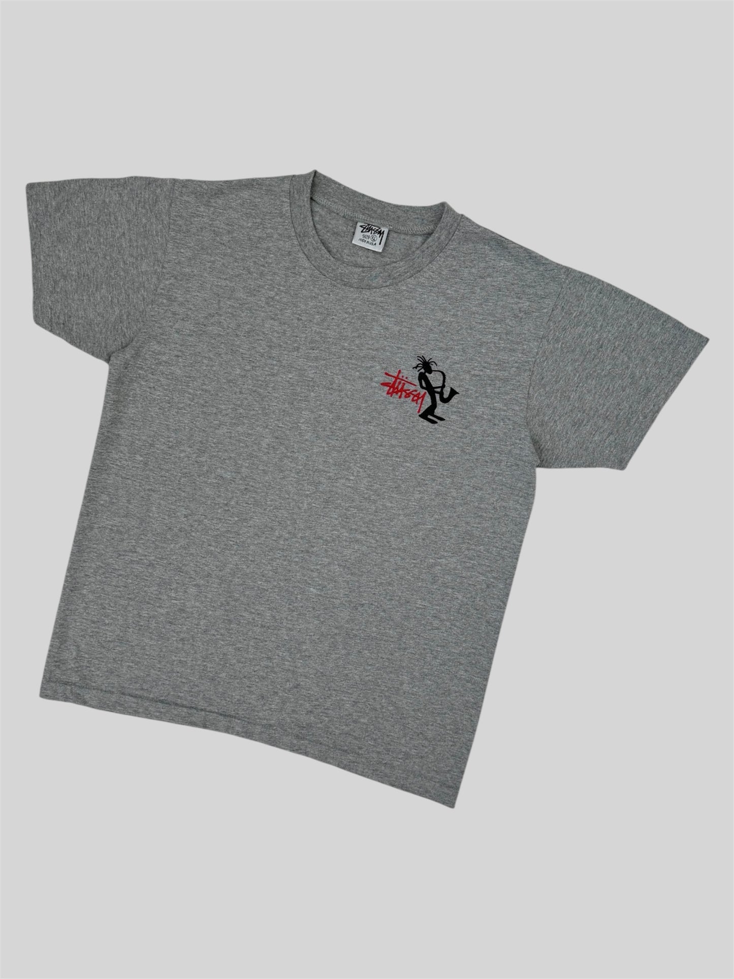 Rare Vintage 1980s Stussy Spellout Saxophone Graphic Print T Shirt Light Grey S