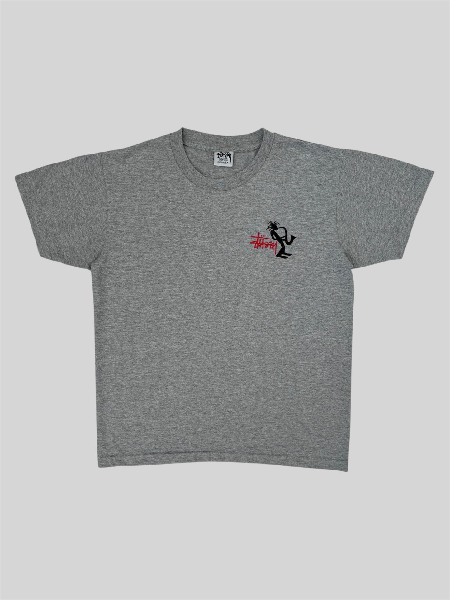 Rare Vintage 1980s Stussy Spellout Saxophone Graphic Print T Shirt Light Grey S