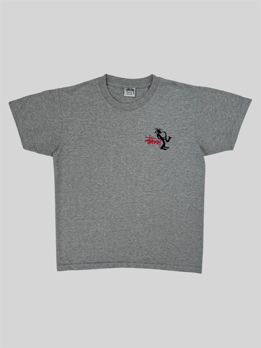 Rare Vintage 1980s Stussy Spellout Saxophone Graphic Print T Shirt Light Grey S