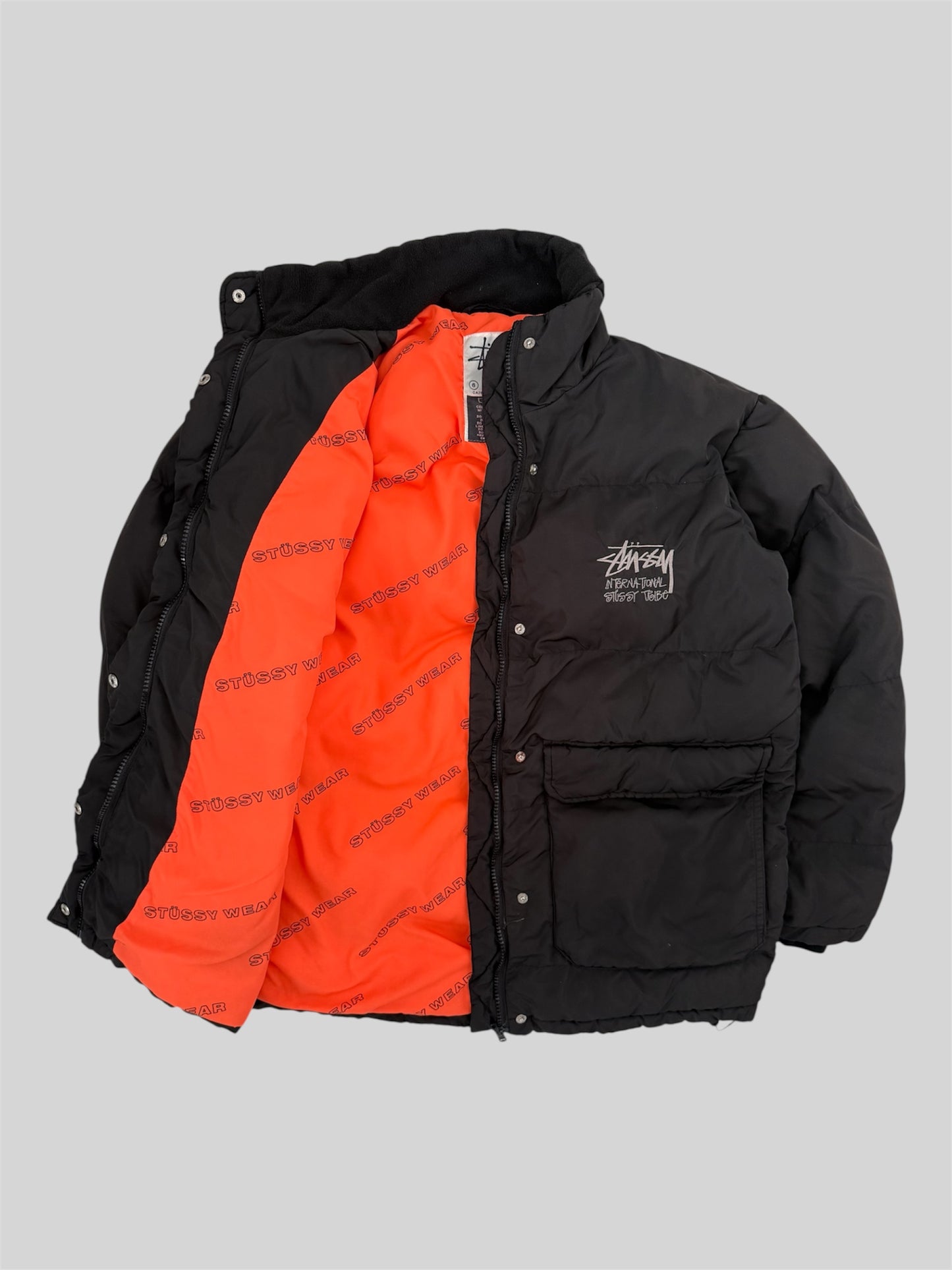 Vintage Stussy 2000s Embroidered Spellout Adjustable Puffer Jacket Black Medium