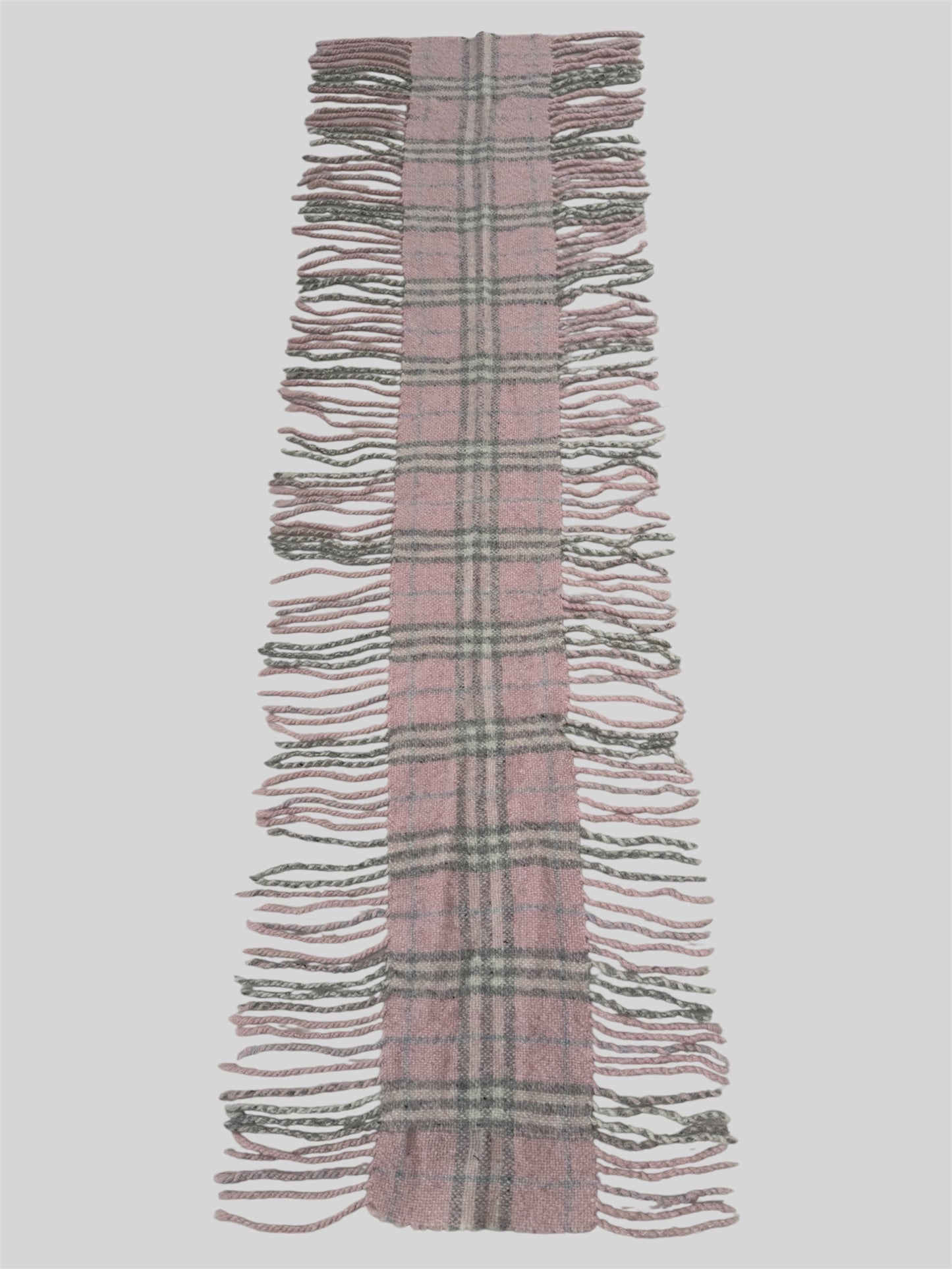 Vintage Burberry Nova Checkered 77% Mering 21% Angora Fringe Scarf Pink