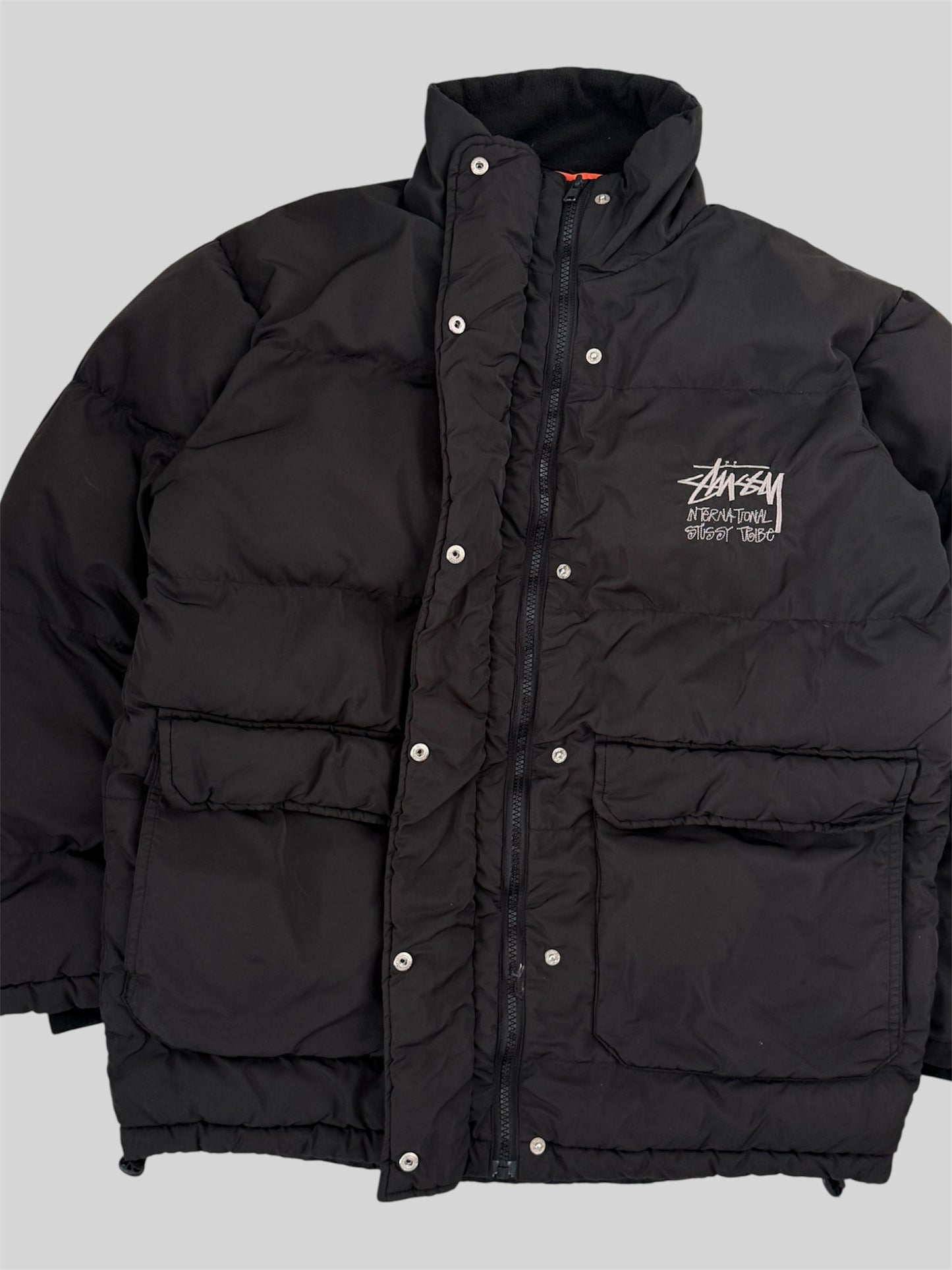 Vintage Stussy 2000s Embroidered Spellout Adjustable Puffer Jacket Black Medium