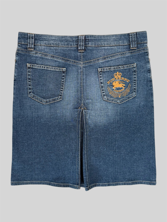 Rare Burberry 00s Embroidered Emblem Knee Length Denim Skirt Blue Size 14 Large
