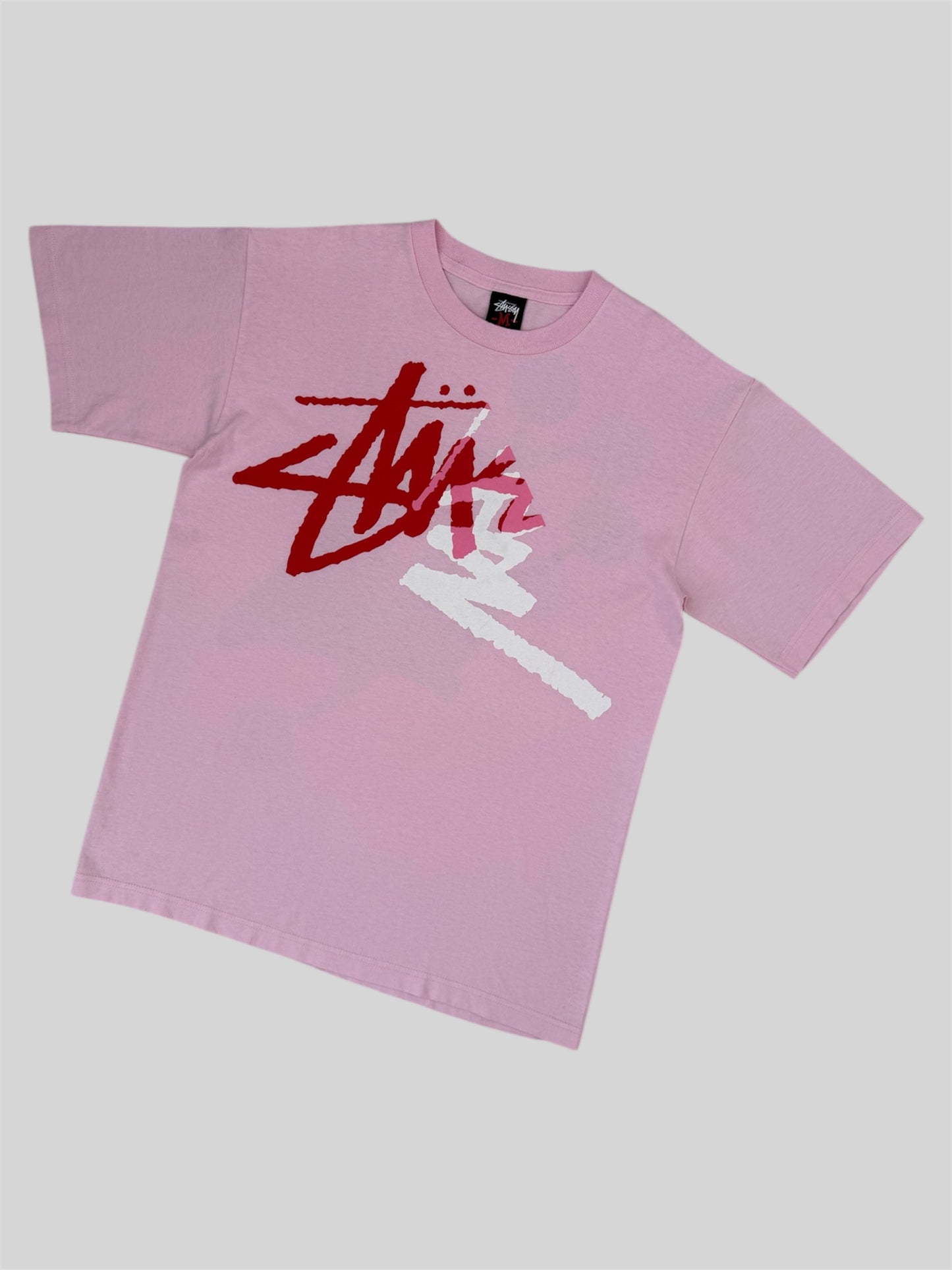 Vintage Stussy Spellout Folded Graphic Print T Shirt Pink Medium