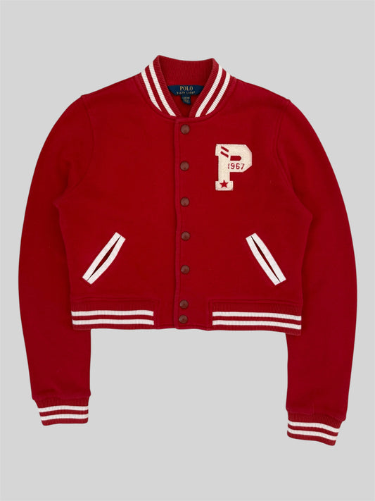 Authentic Polo Ralph Lauren Cropped Button Up Varsity Jacket Red L (12-14)