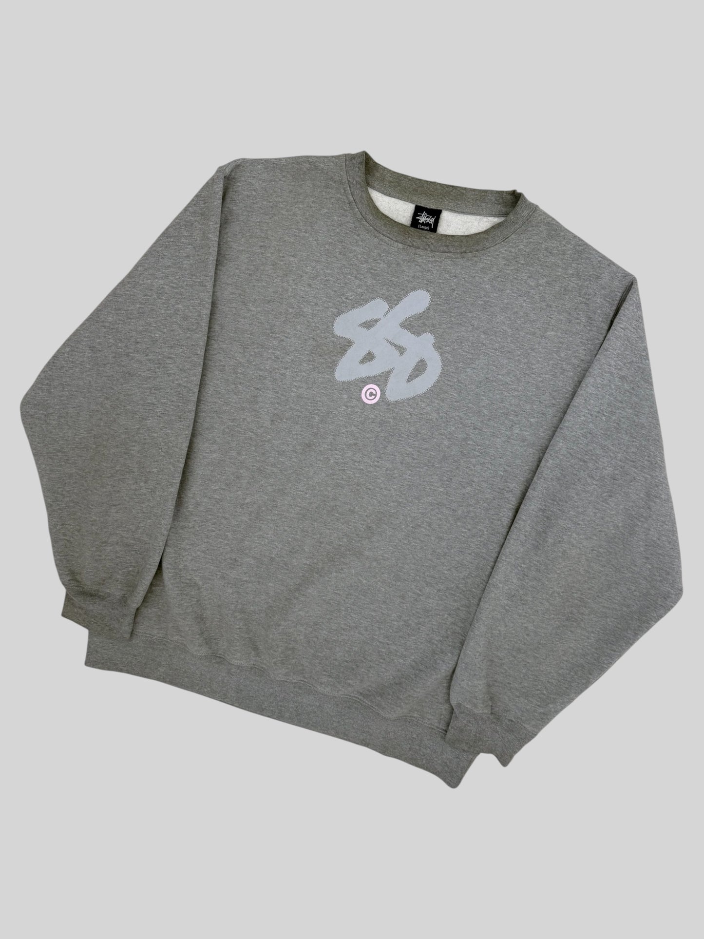 Vintage 1990s Stussy Graphic Print Pullover Sweatshirt Light Grey Large