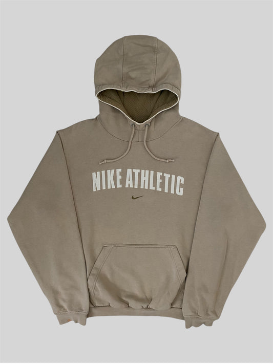 Vintage Nike Athletic Embroidered Spellout Pullover Hoodie Beige Small