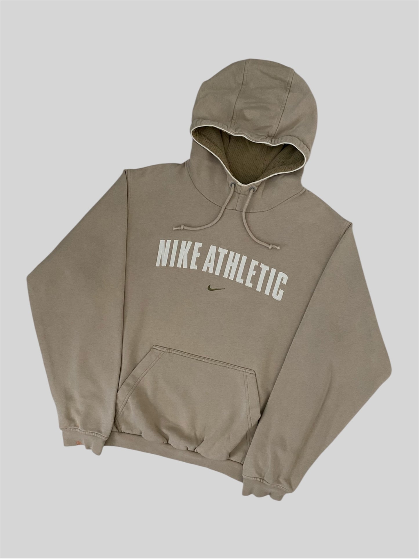 Vintage Nike Athletic Embroidered Spellout Pullover Hoodie Beige Small